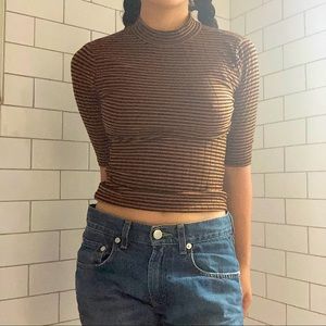Brown and Black Striped Half Sleeve Mock Neck